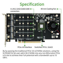 Cargar imagen en el visor de la galería, Controladora Quad M.2 M-key NVMe Slot PCIe 3.0 x16 Bifurcation Riser Controller Card Non-RAID - MFerraz Tecnologia
